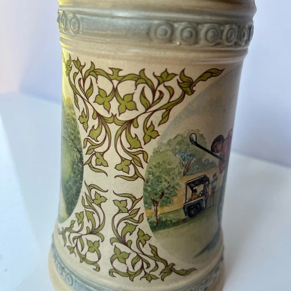 Vintage Ceramic German Beer Stein with Golf Scene and Pewter lid